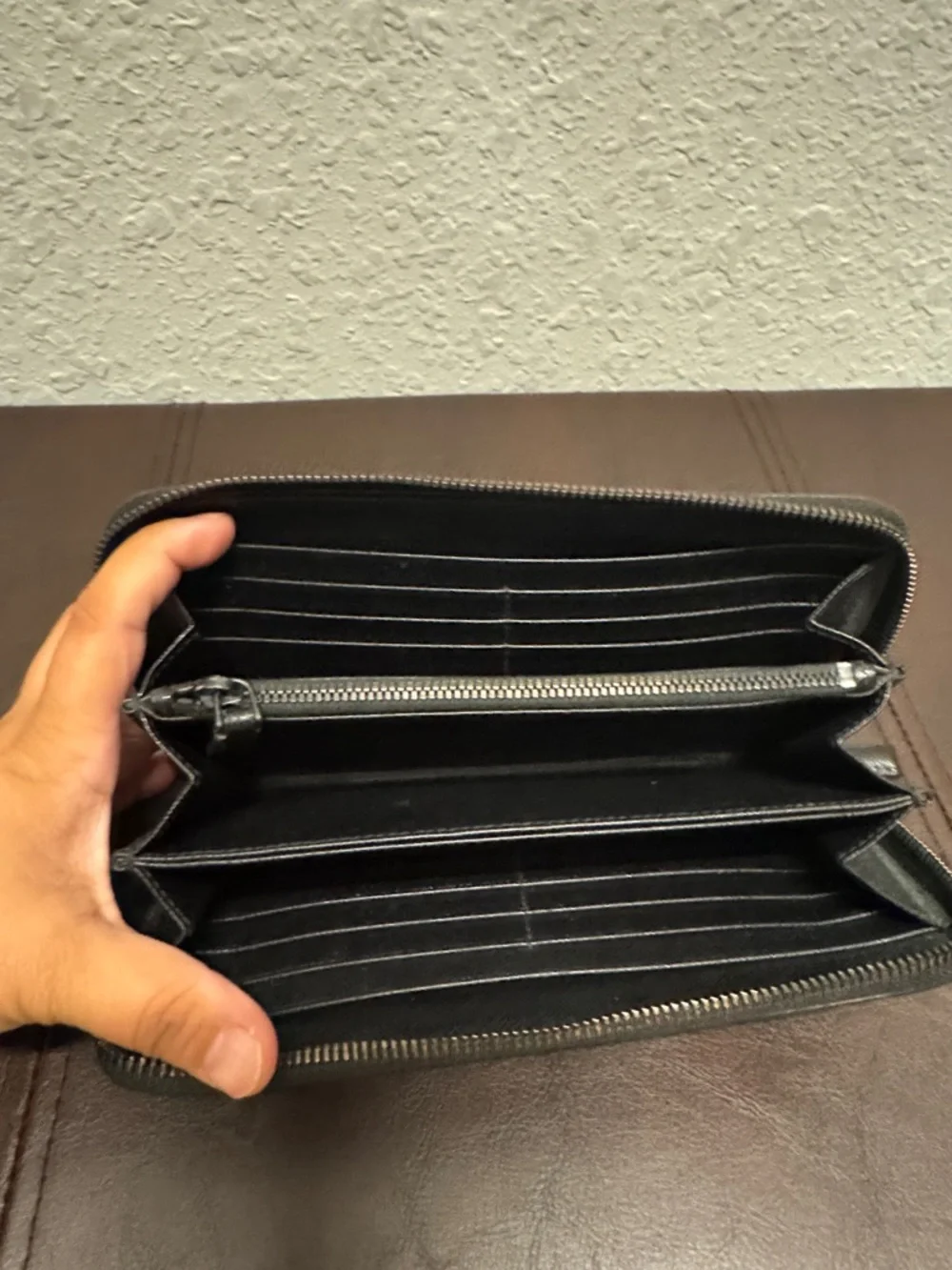 PRADA Black and White Saffiano Zip Wallet